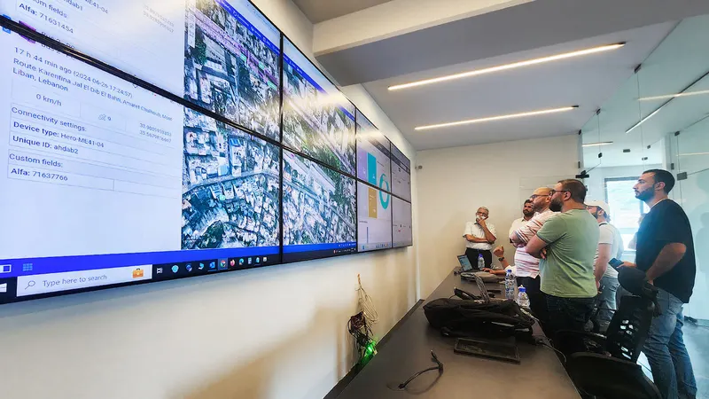 Wall-mounted monitor displaying business charts and metrics in a small office