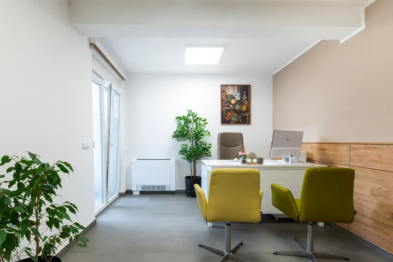 Small modern business office with a desk, monitor, two visitor chairs and potted plants