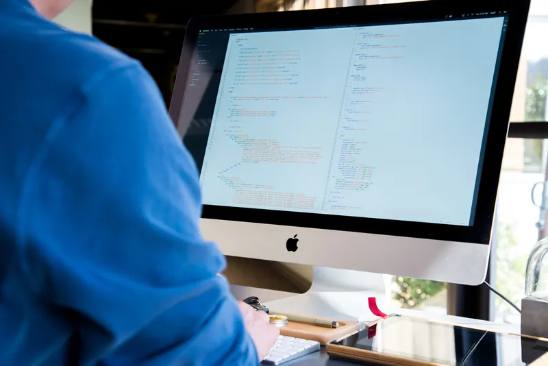 Developer reviewing a custom business application on screen